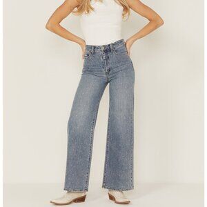 Women s Far Out Medium Wash High Rise Studded Wide Leg Denim Jeans Rhinestone